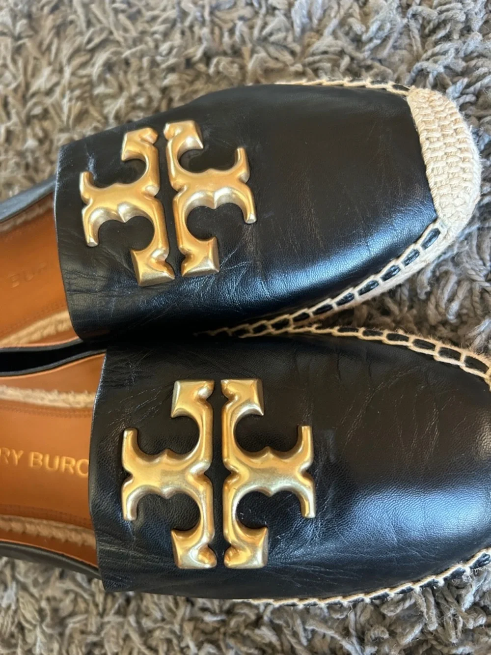 Tory Burch ELEANOR ESPADRILLE Black Leather Espadrille Flats with Gold Logo